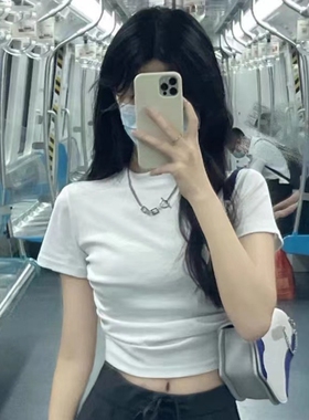 美式纯欲风辣妹白色修身正肩短款t恤女短袖夏季复古纯色紧身上衣