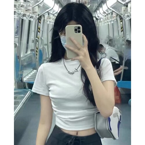 白色修身正肩短款t恤女短袖上衣