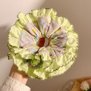 绿灰色印花花边大肠发圈女高级感丸子头扎头发超大头绳百搭发饰