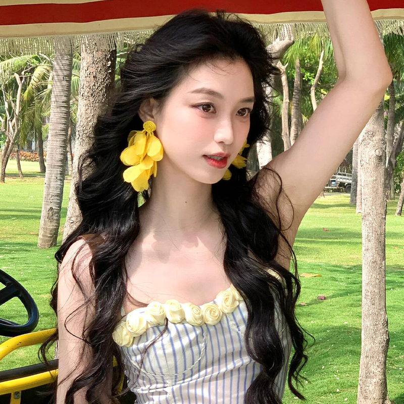 聆风轻舞黄色雪纺花瓣流苏耳环女高级感夸张耳钉海边拍照春天耳饰