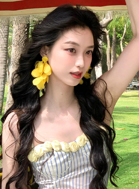聆风轻舞黄色雪纺花瓣流苏耳环女高级感夸张耳钉海边拍照春天耳饰