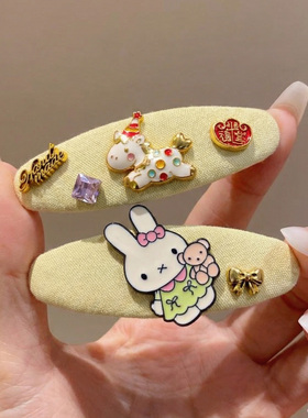 可爱黄色小兔子小马水钻发夹边夹侧边bb夹女百搭卡通夹子发卡头饰