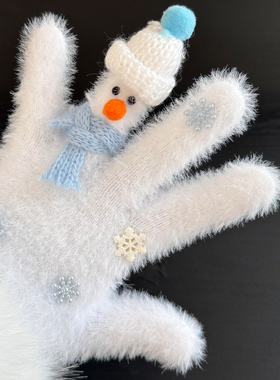 超可爱小雪人白色毛绒手套五指女冬季保暖防风防寒学生骑行可触屏