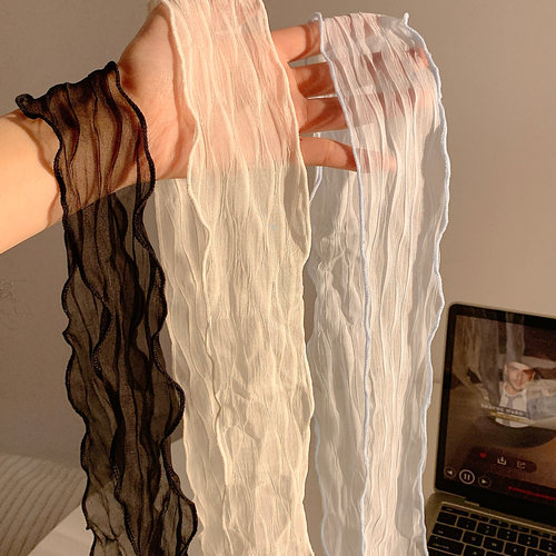 薄款褶皱网纱长条丝巾女慵懒风