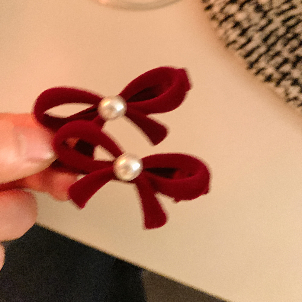 新年红色丝绒蝴蝶结发夹女秋冬