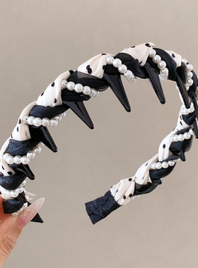 高级感黑色波点珍珠带齿发箍女慵懒风复古高颅顶日常外戴头箍压发