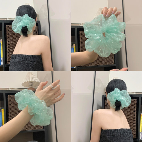 薄荷汽水绿色清新网纱波点大肠发圈高级感超仙扎头发头绳大号发饰
