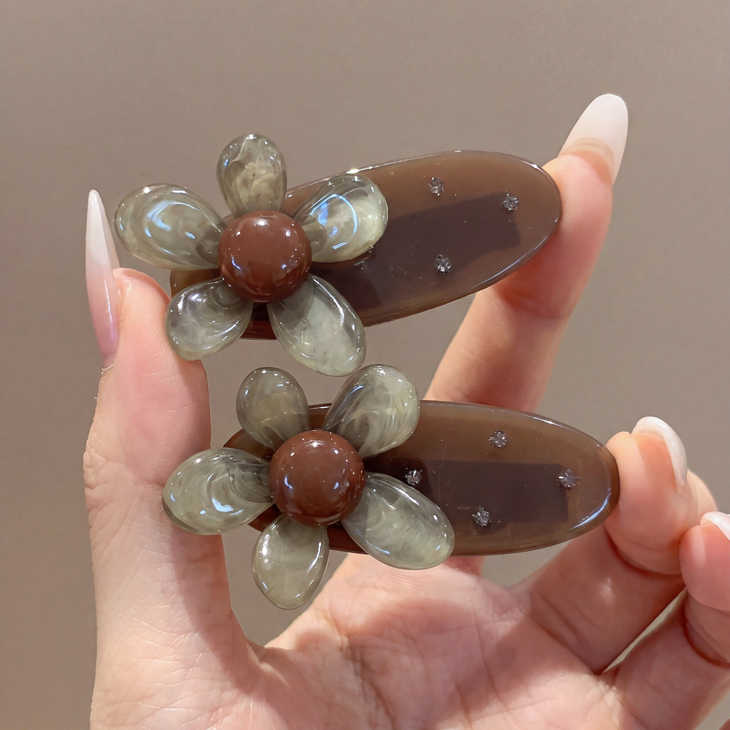 韩系高级感清透茶色花朵水钻发夹图片