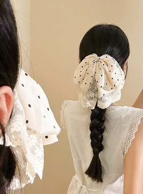 白色波点蝴蝶结蕾丝马尾抓夹女后脑勺鲨鱼夹发卡高级感发夹头饰