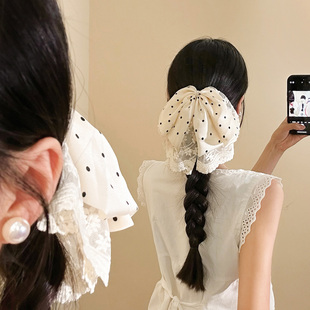 白色波点蝴蝶结蕾丝马尾抓夹女后脑勺鲨鱼夹发卡高级感发夹头饰