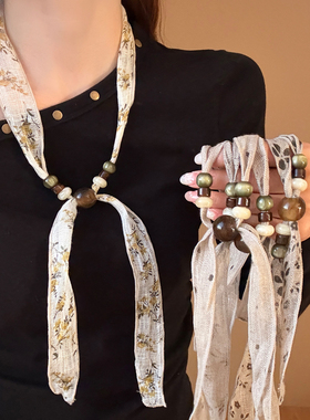 慵懒风米色碎花丝巾项链女民族风