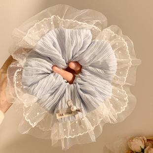 蓝色珍珠蝴蝶结蕾丝大肠发圈女高级感超大号头绳扎头发丸子头发饰