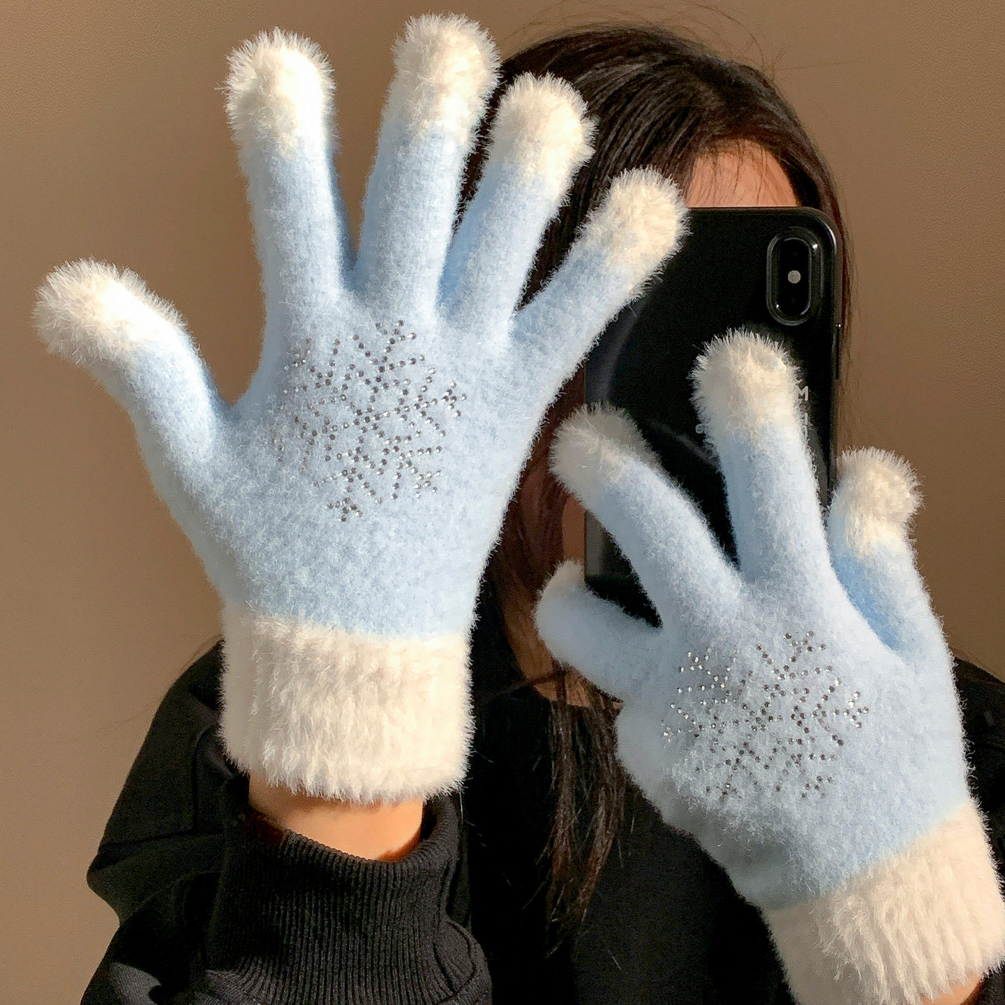 初雪降临~蓝色雪花毛绒保暖手套