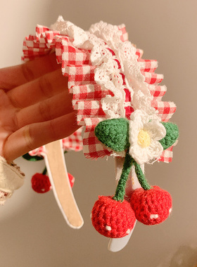 童话甜心原创红色樱桃蕾丝格子发箍女可爱2025新款头箍洛丽塔发饰