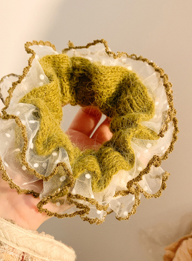 韩系慵懒风绿色毛线波点蕾丝大肠发圈女高级感扎发丸子头发饰头绳