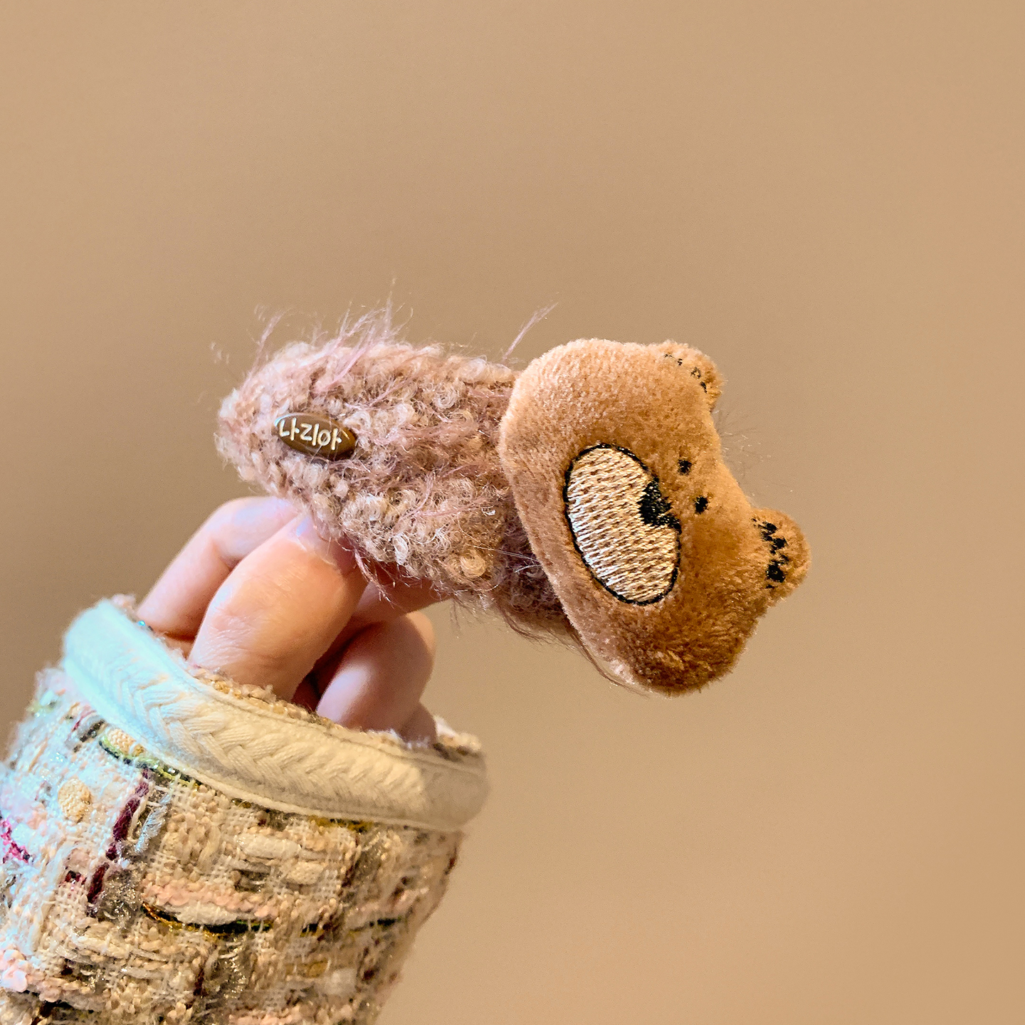 可爱咖色毛绒小熊发夹边夹