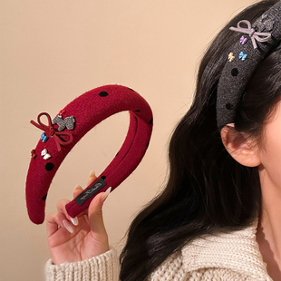 韩系红色波点水钻小马蝴蝶结发箍女高颅顶新年头饰日常外戴头箍