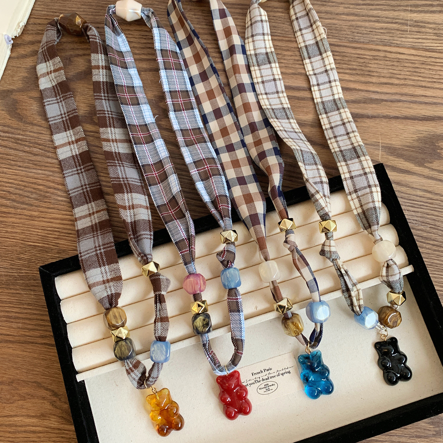 超可爱格子小熊吊坠布艺项链