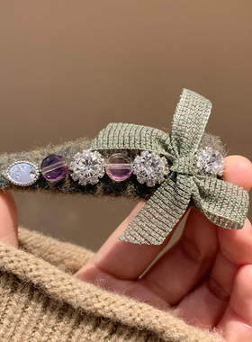 复古绿色水钻蝴蝶结毛呢发夹女高级感重工头饰碎发刘海侧边夹秋冬