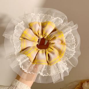 头饰百搭 韩系格子蕾丝大肠发圈女高级感丸子头发绳扎头发精致个性