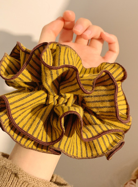 韩系小众姜黄色条纹针织大肠发圈女高级感复古头绳发饰扎头丸子头