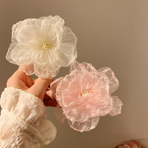 清冷感～超仙网纱白色花朵发夹