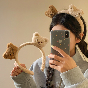 咖色小熊毛绒发箍女可爱洗脸敷面膜刘海固定压发卡通头箍发卡发饰