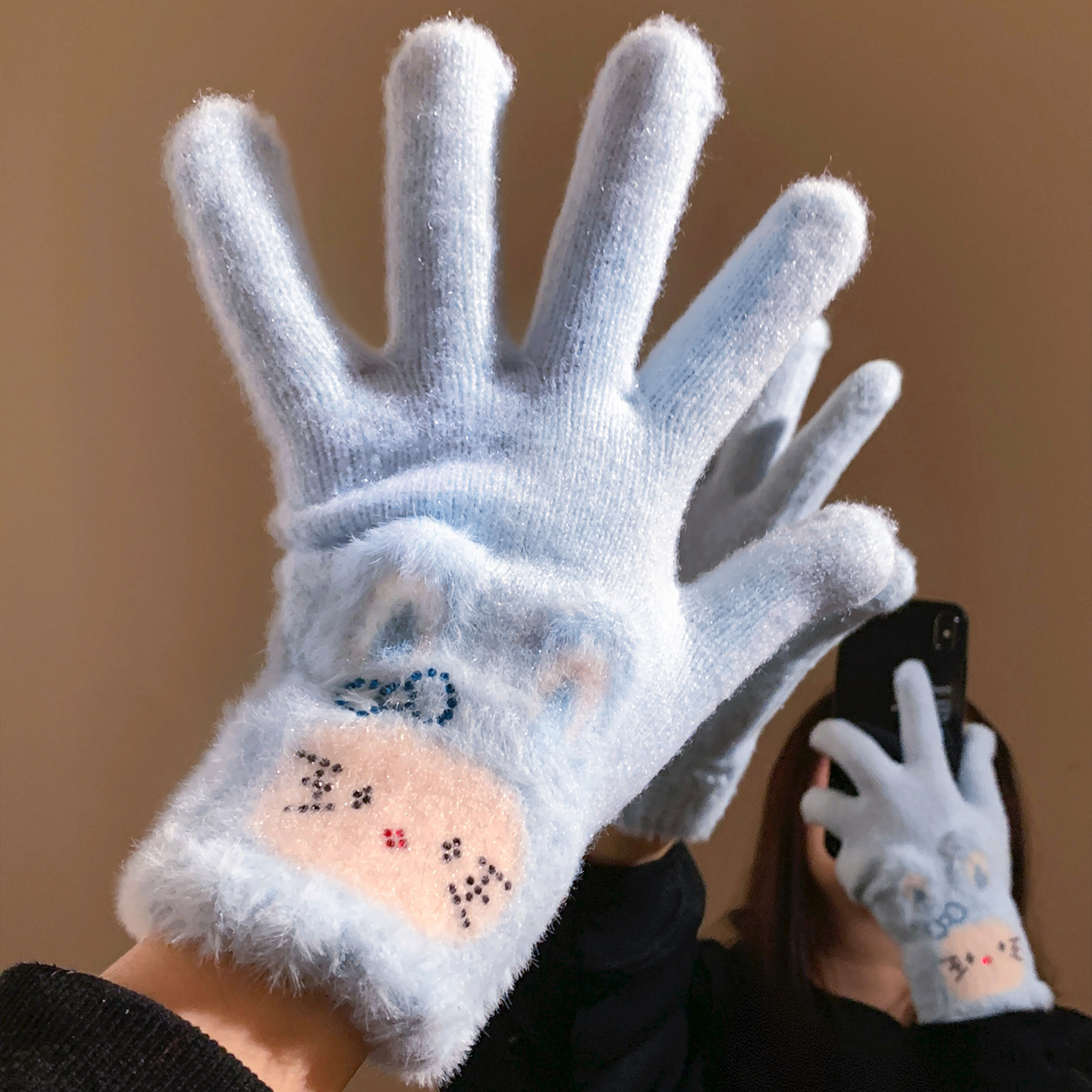 软萌小兔子毛线五指手套女冬季保暖毛绒防风防寒卡通百搭骑行学生