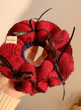 新年红色蝴蝶结毛线针织大肠发圈女高级感丸子头扎头发头绳发饰