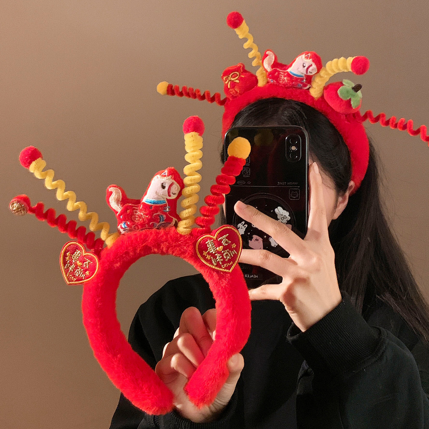新年红色马年扭扭棒毛绒发箍