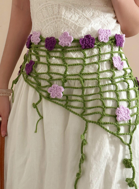 绿枝意~绿色针织花朵三角头巾女高级感田园风屁帘夏季度假风头饰