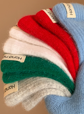 韩系红色兔毛针织毛线五指手套女冬季加绒骑行保暖防寒百搭毛茸茸