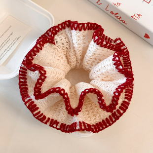 红色毛线针织双层大肠发圈女高级感扎头发丸子头超大发绳新年头饰