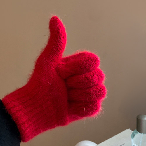 Gooood！红色兔毛圣诞新年手套