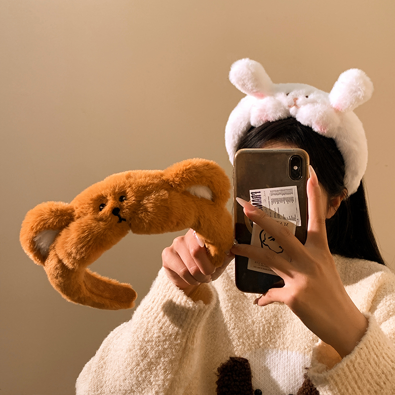 卡通腮红小熊耳朵毛绒宽边发箍