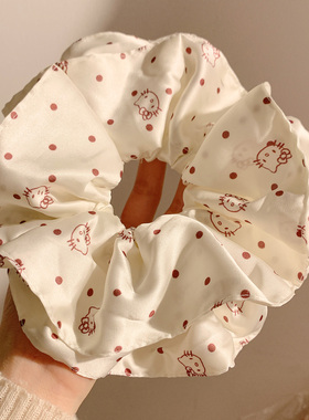 可爱Kitty猫波点白色缎面大肠发圈女高级感慵懒风丸子头发绳头饰