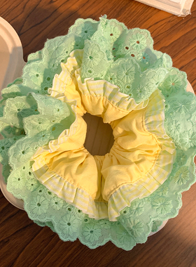 韩系超好看的绿色蕾丝大肠发圈女高级感慵懒风丸子头超大头绳发饰