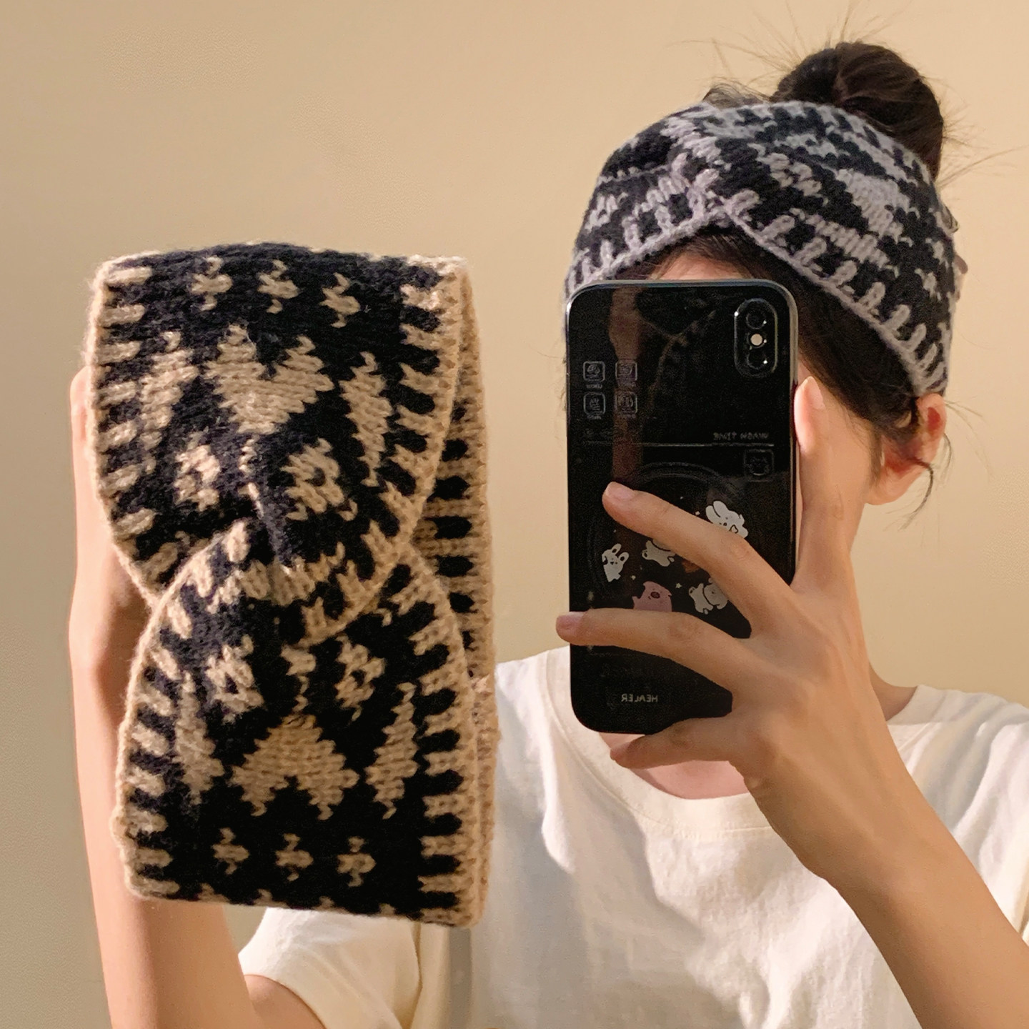 秋冬格子毛线针织交叉宽边束发带