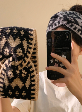 秋冬格子毛线针织交叉宽边束发带女款复古百搭头箍洗脸不勒头发饰