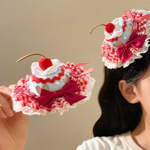 日系甜美樱桃蝴蝶结蛋糕生日帽发夹女可爱礼帽洛丽塔拍照道具头饰