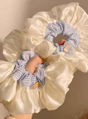 韩系超大号蓝色条纹缎面大肠发圈女生高级感慵懒风丸子头发饰头绳