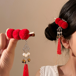 喜庆红色糖葫芦流苏发夹边夹侧边女高级感新年头饰碎发刘海儿童