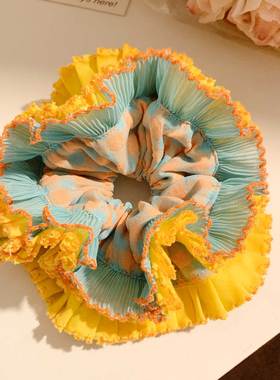 黄绿色格子头花大肠发圈女高级感丸子头超大扎头发慵懒风头绳发饰