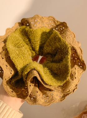 秋冬绿色毛线针织蕾丝大肠发圈女高级感扎头发超大头绳低马尾发饰