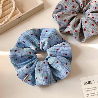 蓝色格子爱心大肠发圈女高级感
