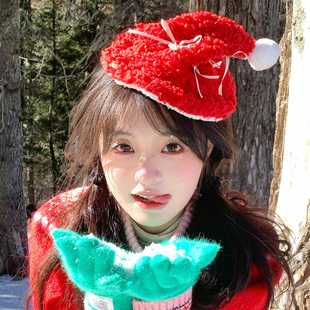 红色圣诞帽发夹边夹侧边女氛围感拍照道具秋冬头饰碎发刘海鸭嘴夹
