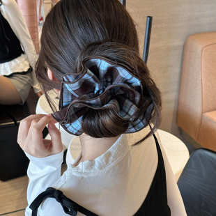 蓝咖色格子大肠发圈女高级感慵懒风扎头发小众百搭丸子头发饰头绳
