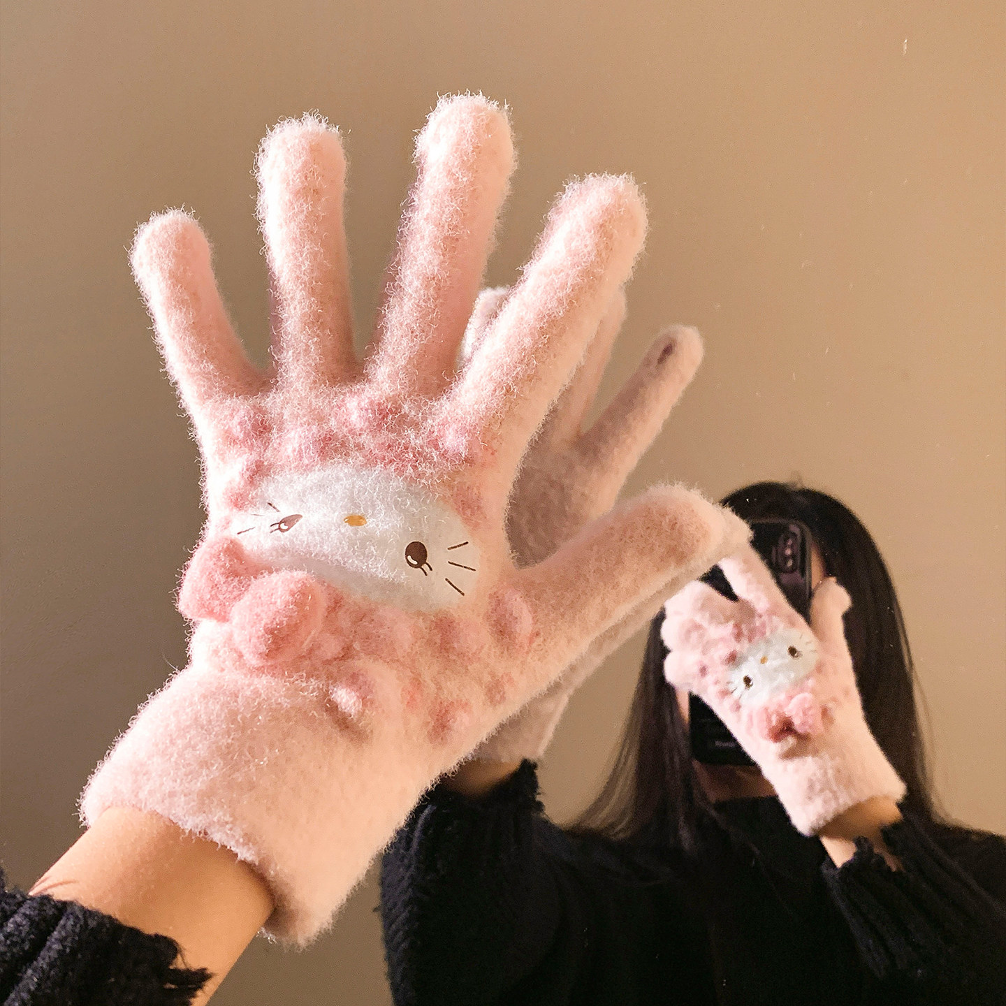 可爱粉色Kitty猫毛绒五指手套女冬季保暖防风防寒骑行学生可触屏,服饰配件/皮带/帽子/围巾,手套,淘宝优惠券,粉丝福利购,淘宝优惠卷
