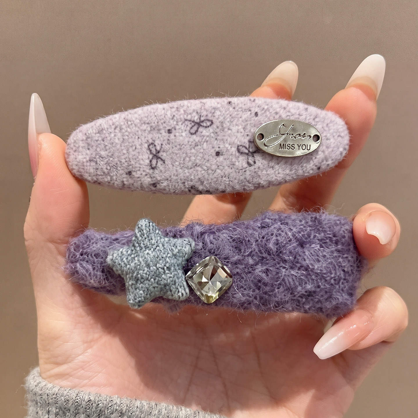 一对装~紫色星星毛绒发夹边夹侧边韩系刘海前额碎发毛呢头饰发卡