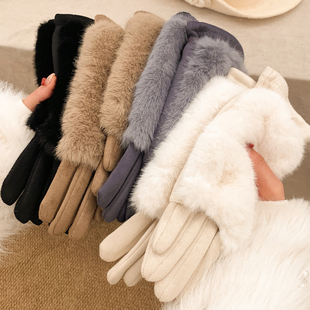 法式复古多戴法德绒五指手套女冬季加厚毛绒保暖防寒防风骑行触屏